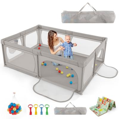Babybox met 50 Ballen en 2 Deuren Box met Ademend Net en Ritssluiting Box voor Zuigelingen en Peuters 206 x 147 cm (Grijs met Matras)