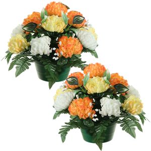 Kunstbloemen plantje crysanten in pot - 2x - oranje/geel - D30 x H24 cm - Bloemstuk - Bladgroen