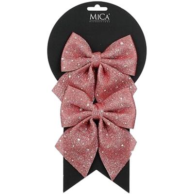 Kerst ornamenten strikken - 2x st - roze met glitter - 12 x 13 cm - kerstboomstrikjes