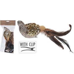 Kerstboomversiering kersthangers 1x gouden vogels op clip 25 cm