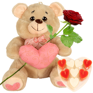 Knuffelbeer ca. 30 cm licht bruin met roze hart+ verse rode roos + doosje met 8 hartjes waxinelichtjes