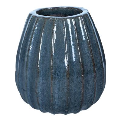 Lionne Blauwe keramische pot geribbelde bol rond S