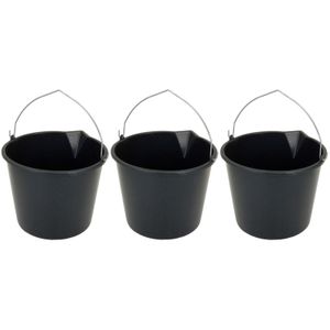 3x Stevige zwarte huishoud emmers 12 liter met tuit