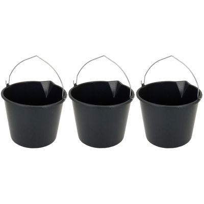 3x Stevige zwarte huishoud emmers 12 liter met tuit