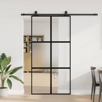 Schuifdeur met beslagset 102,5x205 cm gehard glas zwart