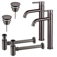 Fortifura Calvi Wastafelkraanset - voor dubbele wastafel - verhoogde wastafelkraan - always open plug - verlaagde design sifon - Geborsteld Gunmetal PVD 2x SW766541/2x SW769487/2x SW767295