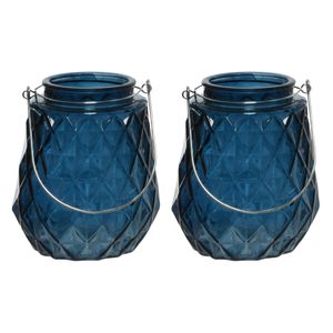 2x stuks theelichthouders/waxinelichthouders ruitjes glas donkerblauw met metalen handvat 11 x 13 cm