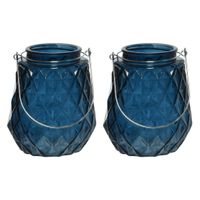 2x stuks theelichthouders/waxinelichthouders ruitjes glas donkerblauw met metalen handvat 11 x 13 cm - thumbnail