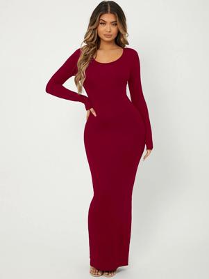 Apricot Bodycon Maxi Dress - Elegant Scoop Neck Long Sleeve Burgundy / XS