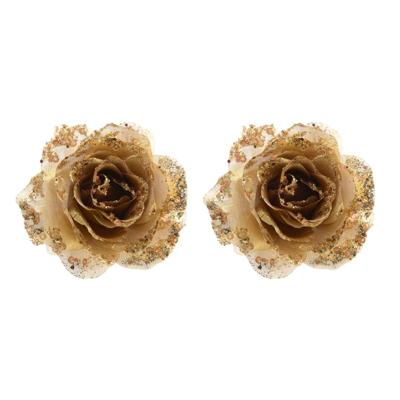 Kerstboomversiering Bloem - 8x stuks - 14 cm - goud - op clip - ornament - roos