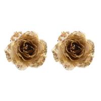 Kerstboomversiering Bloem - 8x stuks - 14 cm - goud - op clip - ornament - roos