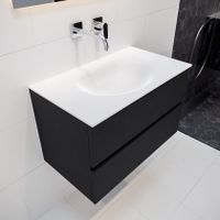 Mondiaz Vica Moon badmeubel zwart mat 80 cm 2 lades solid surface enkele spoelbak midden zonder kraangat