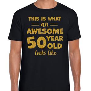 Cadeau T-shirt voor heren - leeftijd 50 jaar - awesome - zwart - glitter goud - Abraham