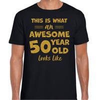 Cadeau T-shirt voor heren - leeftijd 50 jaar - awesome - zwart - glitter goud - Abraham - thumbnail