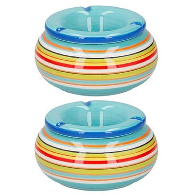 Storm asbak 2x stuks keramiek blauw/multi-kleur 13 x 7 cm