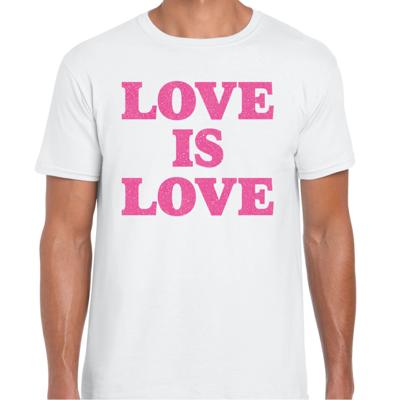 Gay Pride T-shirt heren - love is love - wit - glitter roze - LHBTI