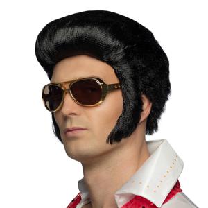 Verkleedpruik voor heren - zwart - Rock and Roll/muzikant/Elvis - Carnaval - haar met bakkebaarden