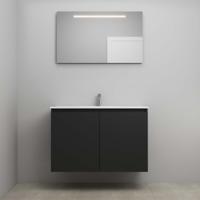 On-Line Badkamermeubelset - 100 cm - Bouwpakket - Greeploos 2 Deuren - Porseleinen Wastafel - 1 Kraangat - Spiegel met LED-Verlichting - Mat Zwart