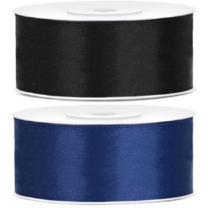 Bellatio decorations 2x rollen satijn sierlint 2.5 cm x 25 meter donkerblauw en zwart