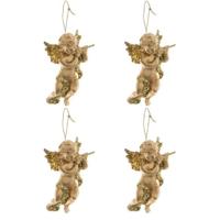 Decoris engel met dwarsfluit - 4x - goud - kunststof - 10 x 6 cm - kerstversiering - hangdecoratie