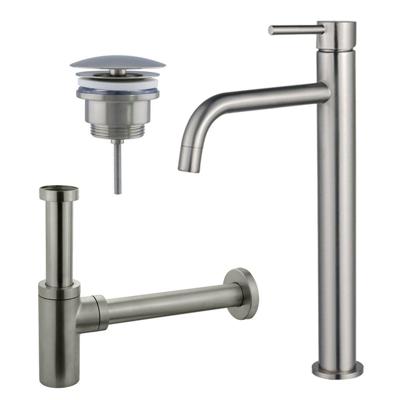 Fortifura Calvi Slim Wastafelkraanset - verhoogde wastafelkraan - always open plug - design sifon - Geborsteld RVS PVD (RVS) SW377859/SW696207/SW696212