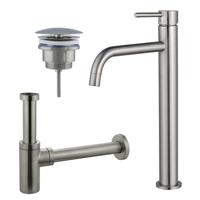 Fortifura Calvi Slim Wastafelkraanset - verhoogde wastafelkraan - always open plug - design sifon - Geborsteld RVS PVD (RVS) SW377859/SW696207/SW696212