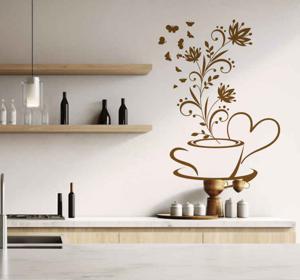 Koffie kop met bloemen decoratie sticker keuken