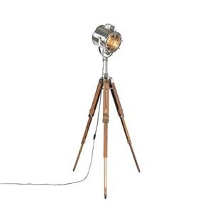 QAZQA Tripod vloerlamp staal met hout studiospot - Shiny