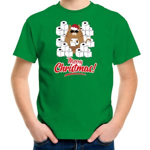 Fout Kerst t-shirt / outfit met hamsterende kat Merry Christmas groen voor kinderen