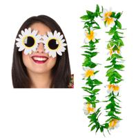 Tropische Hawaii party verkleed accessoires set - bloemen zonnebril - en bloemenkrans groen/wit - thumbnail