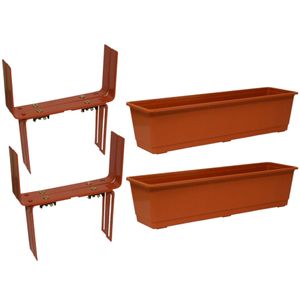 Set van 3 kunststof plantenbakken terracotta rechthoekig 60 cm met 6 verstelbare balkon/muurbeugels