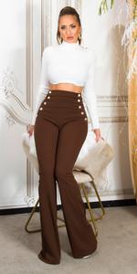 hoge taille flared broek met gouden knopen bruin