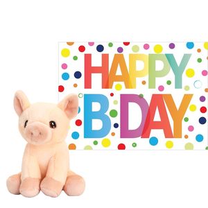 Pluche dieren knuffel varken 12 cm met Happy Birthday wenskaart