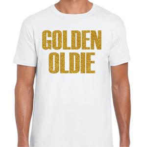 Verkleed T-shirt heren - golden oldie -  wit - glitter goud - fout/goud/stout