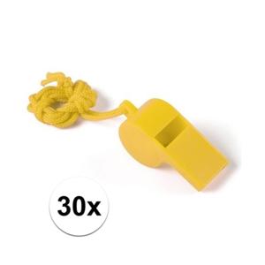 Fluitjes van kunststof - Multipack van 30x stuks - geel - aan koordje - herrie maken - sport
