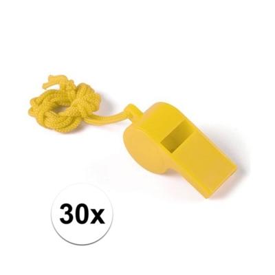 Fluitjes van kunststof - Multipack van 30x stuks - geel - aan koordje - herrie maken - sport