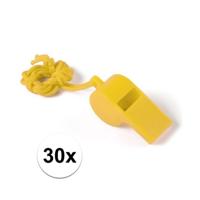 Fluitjes van kunststof - Multipack van 30x stuks - geel - aan koordje - herrie maken - sport