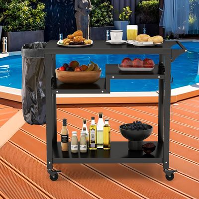 Trolley voor Buitenbarbecue Dubbele Mobiele Keukenwagen met 3 Planken 4 Vergrendelbare Wielen Haken Handgreep aan Zijkant