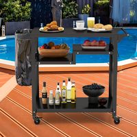 Trolley voor Buitenbarbecue Dubbele Mobiele Keukenwagen met 3 Planken 4 Vergrendelbare Wielen Haken Handgreep aan Zijkant
