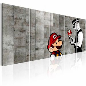 Schilderij - Graffiti op Beton - Banksy , mario bros , grijs , politie , 5 luik