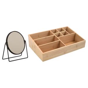 Make-up organizer 9 vaks en spiegel set - 33 x 21 cm - bamboe/metaal - bruin/zwart - 3x zoom