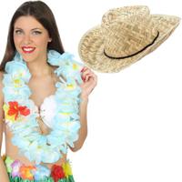 Carnaval verkleed set - Tropische Hawaii party - strohoed - met volle bloemenslinger in paars - thumbnail