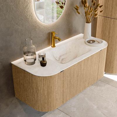 Badmeubel Mondiaz Kurve-Dlux | 110 cm | Meubelkleur Oak | Wastafelkleur Frappe | Solid surface | Midden spoelbak | 1 kraangat