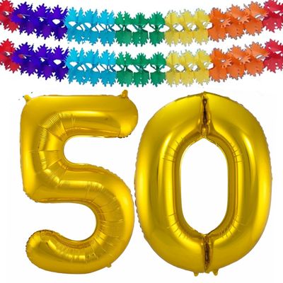 Grote folie ballonnen cijfer 50 in het goud 86 cm en 2x feestslingers Grote folie ballonnen cijfer 50 in het goud 86 cm en 2x feestslingers