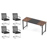 Set van 4 Bureaustoelen en Industrieel Bureau Conferentiestoelen met Gaasbekleding en Computerbureau