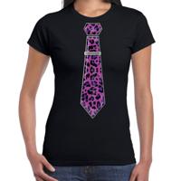 Verkleed T-shirt voor dames - panterprint stropdas - zwart - foute party - carnaval/themafeest