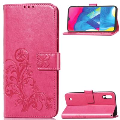 Lucky Clover ingedrukt bloemen patroon lederen draagtas voor Galaxy M10 met houder & kaartsleuven & portemonnee & hand strap (Rose rood)