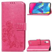 Lucky Clover ingedrukt bloemen patroon lederen draagtas voor Galaxy M10 met houder & kaartsleuven & portemonnee & hand strap (Rose rood)