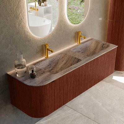 Badmeubel Mondiaz Kurve-Dlux | 145 cm | Meubelkleur Ruby | Wastafelkleur Oza | Solid surface | Dubbel / Rechts spoelbak | 2 kraangaten