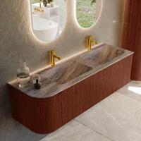Badmeubel Mondiaz Kurve-Dlux | 145 cm | Meubelkleur Ruby | Wastafelkleur Oza | Solid surface | Dubbel / Rechts spoelbak | 2 kraangaten Badmeubel Mondiaz Kurve-Dlux | 145 cm | Meubelkleur Ruby | Wastafelkleur Oza | Solid surface | Dubbel / Rechts spoelbak | 2 kraangaten
